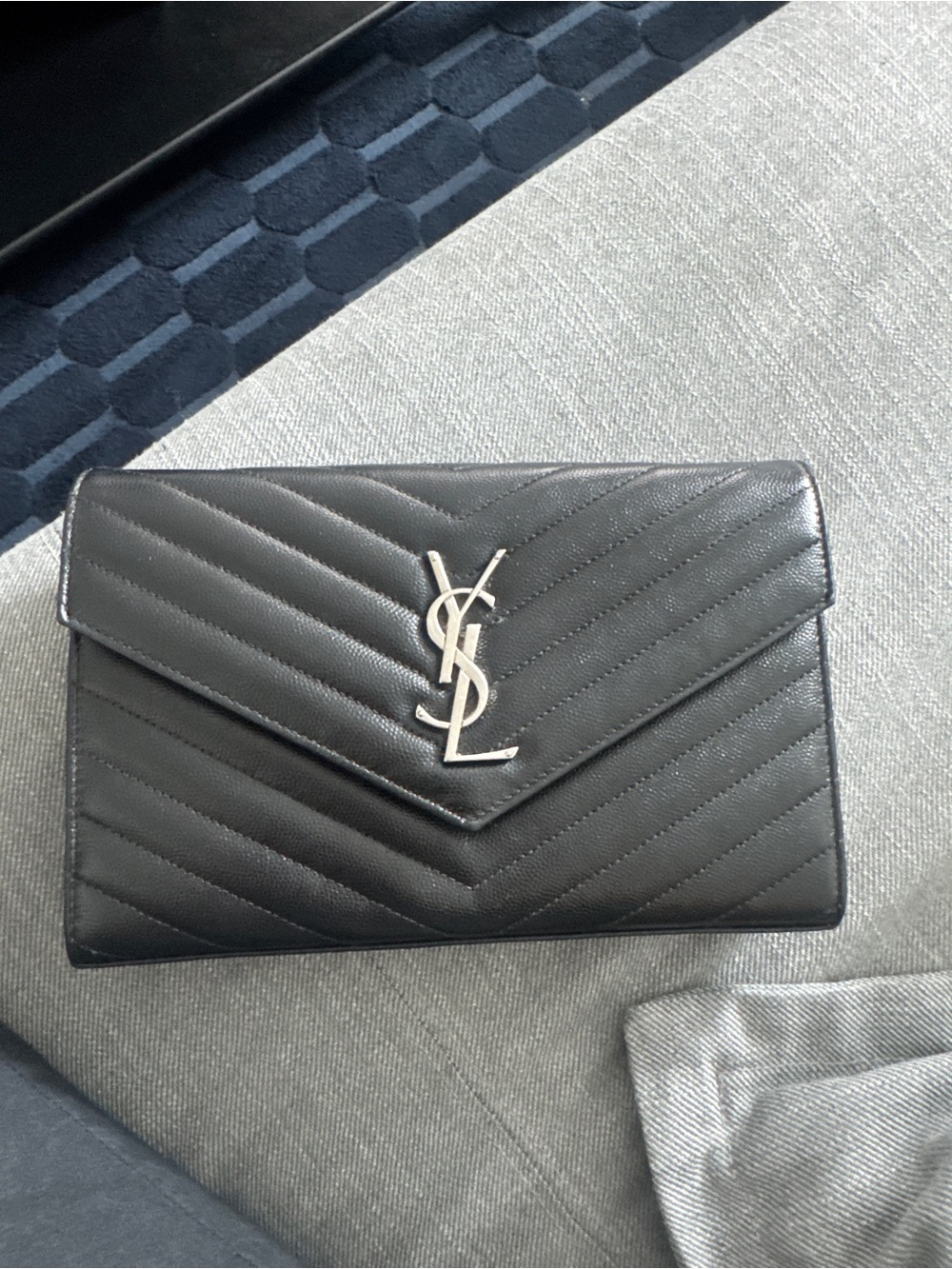 Saint Laurent Black Chevron Quilted Envelope Clutch with Silver YSL